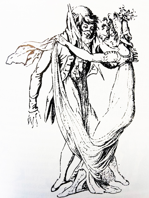 Karikerad teckning av ett dansande par i sjuttonhundratalsklädsel.