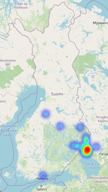 Bilden visar att de flesta uppteckningarna gjordes på den ryska sidan nära Viborg vid Finlands sydliga östgräns.