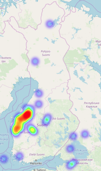 Bilden visar att största delen av insamlingsarbetet gjordes vid mellersta Österbottens västkust.