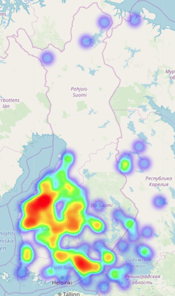 Bilden visar att största delen av insamlingsarbetet bedrevs i Egentliga Finland, men han gjorde även enstaka resor till den ryska sidan och till Lappland.