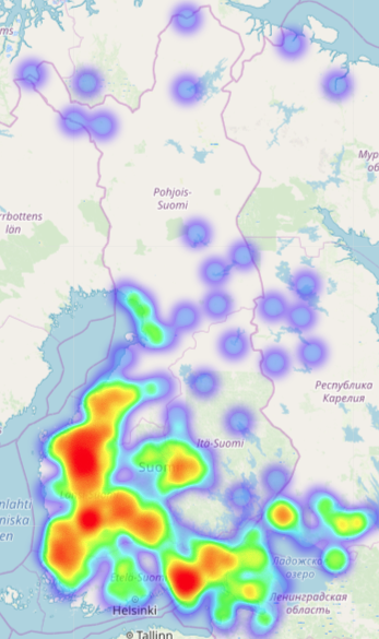 Bilden visar att största delen av insamlingsarbetet bedrevs i Egentliga Finland och Österbotten, men han gjorde även resor till den ryska sidan och till Lappland.