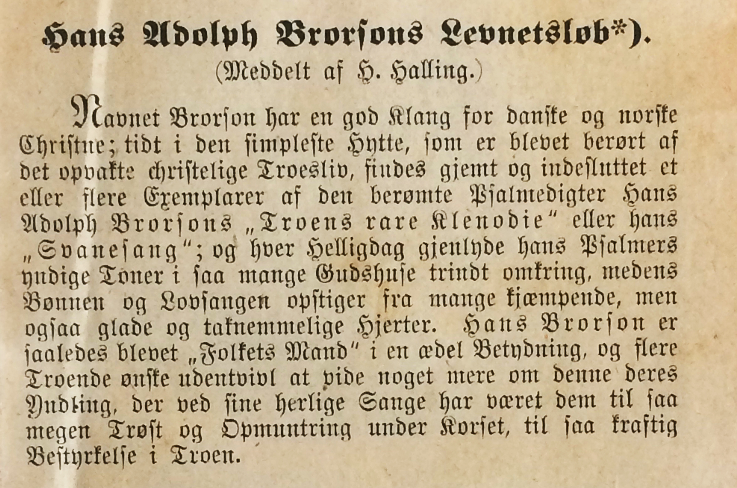 En side fra Brorsons salmebog med Brorsons levnedslöb i gammel skrifttype.