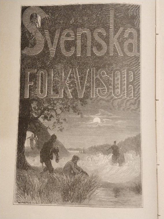 Svartvit titelsida med illustration av träd, en ryttare och andra figurer vid ett vattendrag