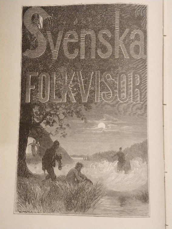 Svartvit titelsida med illustration av träd, en ryttare och andra figurer vid ett vattendrag
