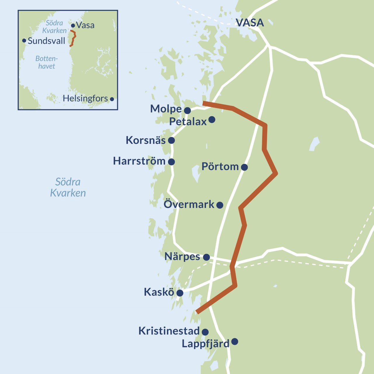 Karta över sydösterbottniska kustkommuner med Vasa ovanför