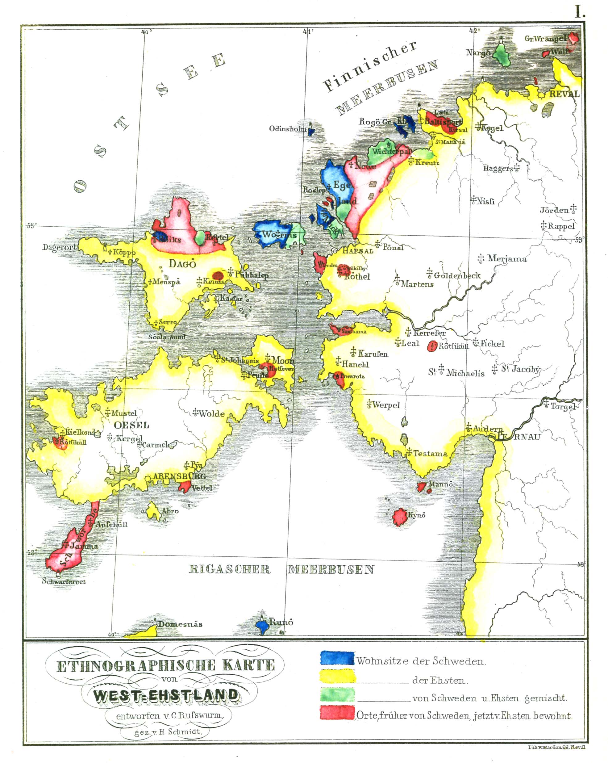 Karta
    på tyska över västra Estland, där svenskarnas bosättningområden på
    främst norra Dagö, prickvis på Ösel och längs stora delar av fastlandets
    kuster är utmärkt.