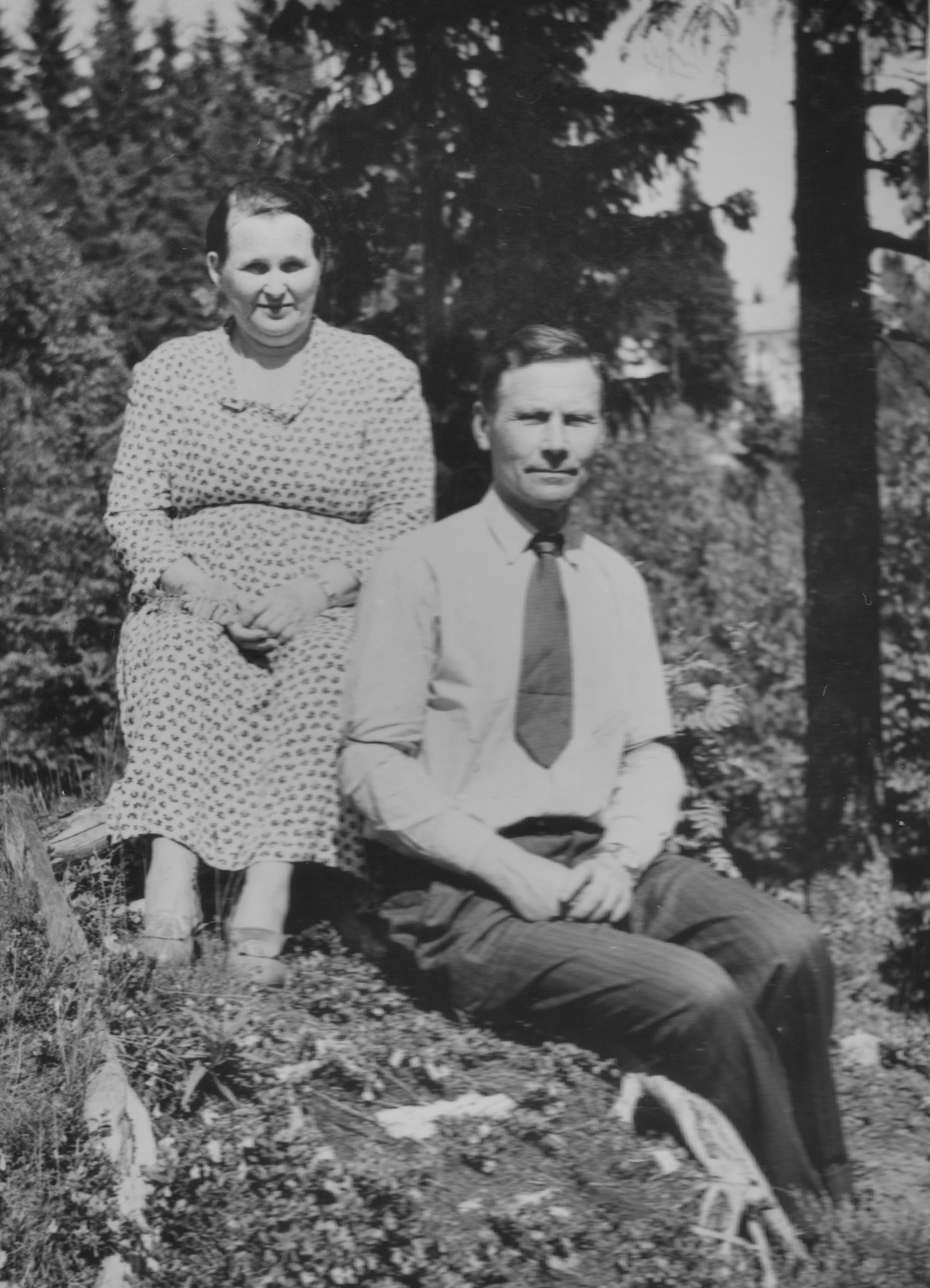 Svartvitt
    fotografi på en man och en kvinna i skogen. Mannen bär slips och sitter
    lite längre fram på en naturlig upphöjning, kvinnan sitter högre upp
    snett bakom, eventuellt på en stubbe som mestadels skyms av hennes
    klänning.