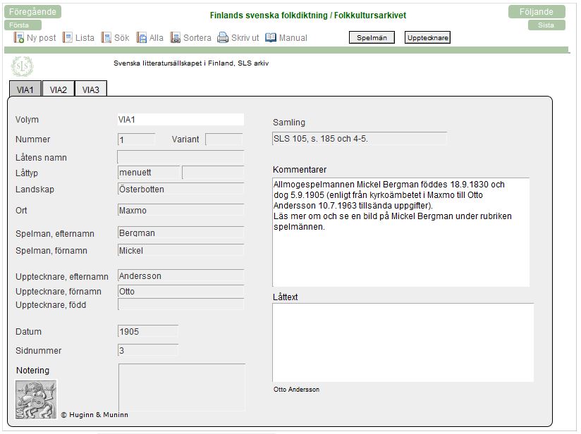 Skärmklipp av post i Filemaker-databas.