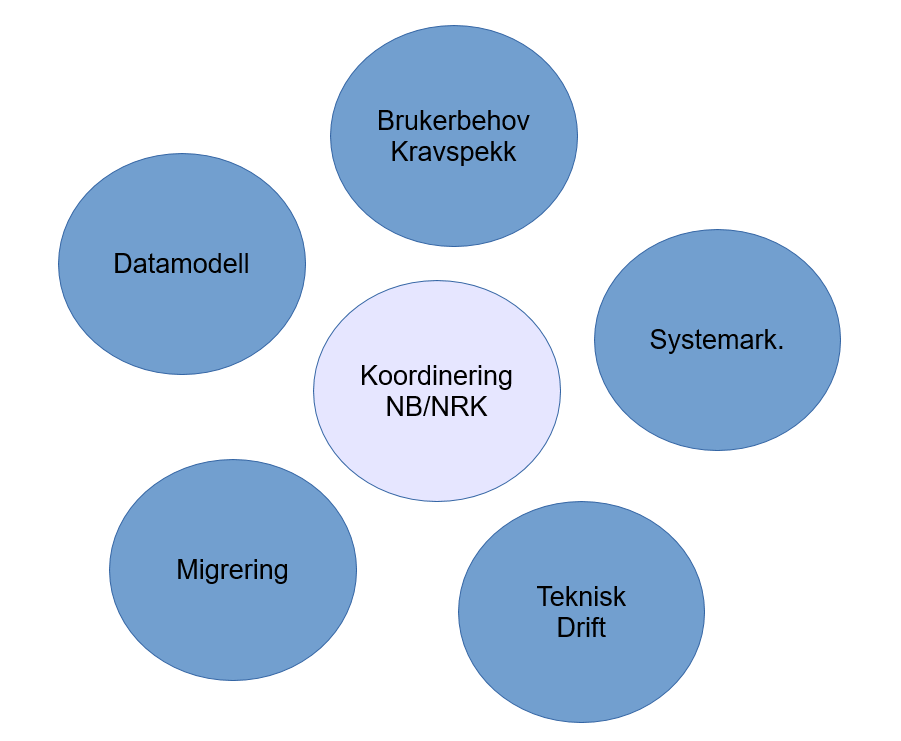 Koordinering NB/NRK; brukerbehov og kravspekk; systemarkitektur; teknisk drift; migrering; datamodell.